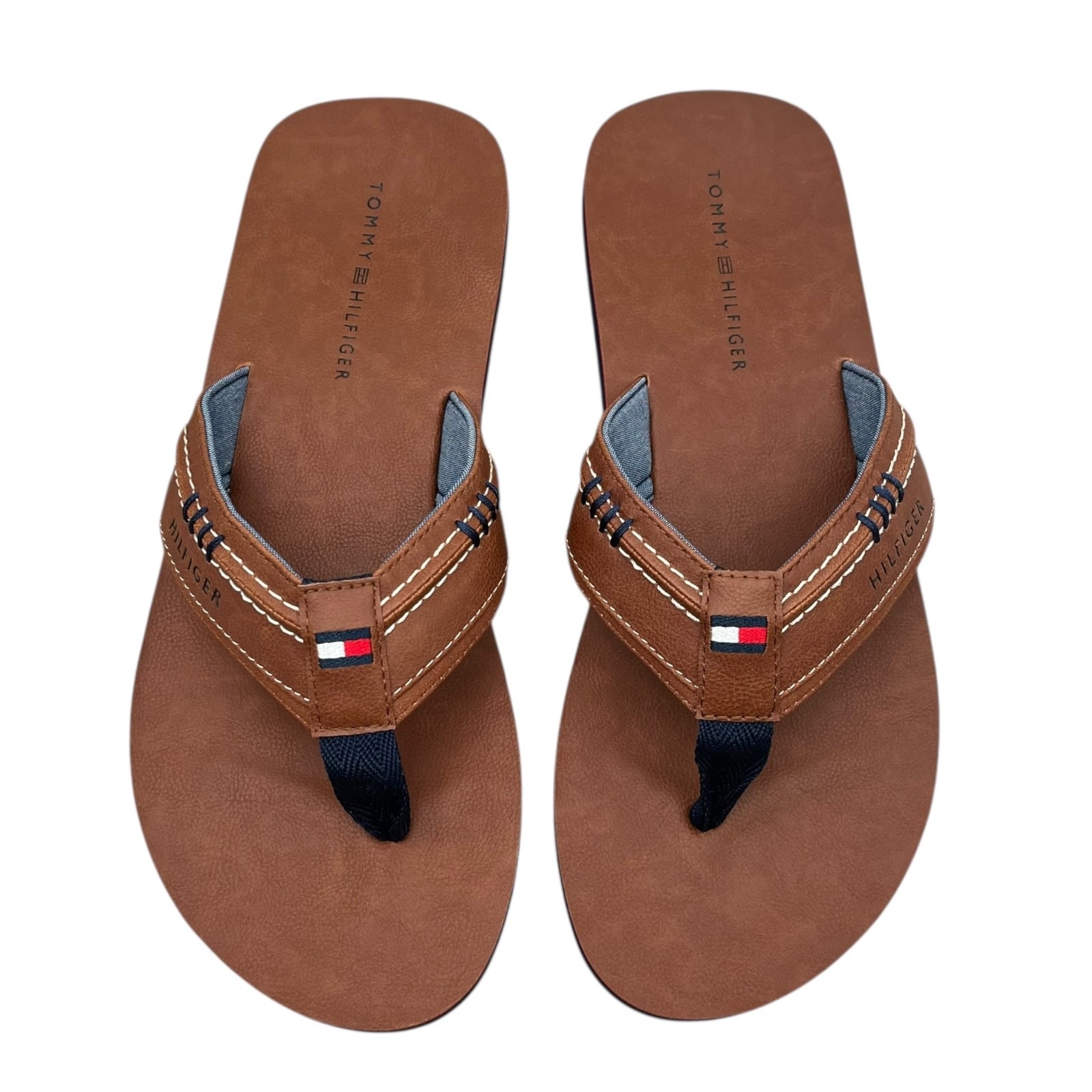 Tommy Hilfiger Mens Destino Thong Sandal Size 10 Brown Faux Leather Flexible